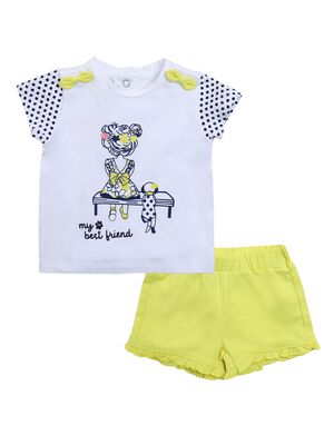 Girls White & Yellow Printed T-Shirt with Short Pants